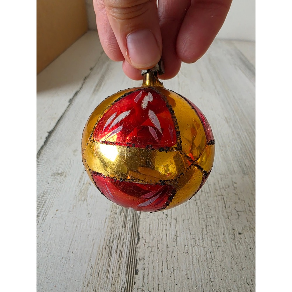 Vintage Poland AS IS glass Mica red orange ornament Xmas tree bronze